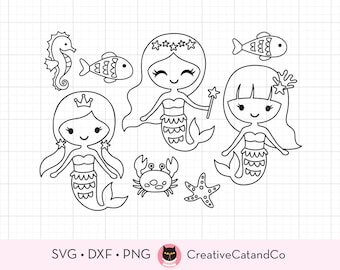 Outline Mermaid SVG DXF Cute Mermaid Coloring Svg Clipart Mermaid Girl Birthday Party Coloring Activity Svg Dxf Cut Files Clipart