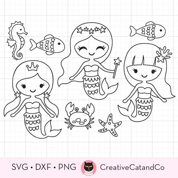 Outline Mermaid SVG DXF Cute Mermaid Coloring Svg Clipart Mermaid Girl Birthday Party Coloring Activity Svg Dxf Cut Files Clipart