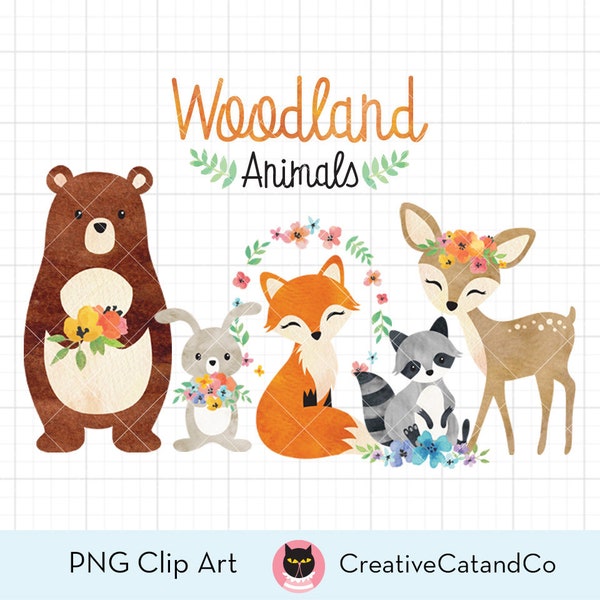 Watercolor Woodland Animals Clipart, Bear, Fox, Bunny Rabbit, Raccoon, Deer Clip Art, Spring Forest Animals Illustration Clipart Clip Art