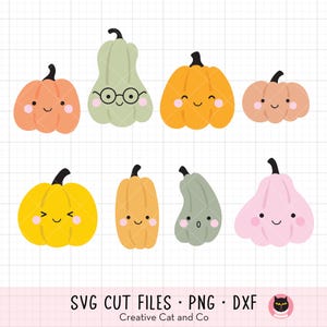 May include: A collection of eight cartoon pumpkins in various shapes and colors, including orange, yellow, green, and pink. Each pumpkin has a smiling face and a black stem. The image includes the text "SVG CUT FILES • PNG • DXF".