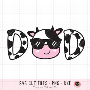 Cow Dad SVG PNG DXF Clipart / Faccia di mucca con occhiali da sole e lettere con motivo a mucca / File di taglio Cricut e sublimazione per maglietta per festa di compleanno