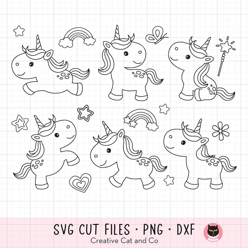 May include: Six black and white line drawings of unicorns with various poses and accessories. The unicorns are all facing forward and have a single horn, mane, and tail. Some of the unicorns have stars, rainbows, butterflies, and wands.