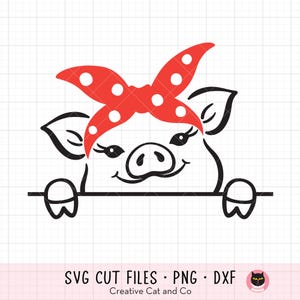 Pig Peekaboo SVG, PNG, DXF - Cute Little Pig with Red Bandana, Peeking Farm Pig with Headscarf Design, Cricut Cut File, Farmhouse Clipart