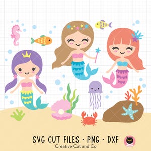 May include: Three cartoon mermaids with purple, pink, and brown hair, wearing seashell bras and mermaid tails. The mermaids are surrounded by sea life, including a starfish, a crab, a jellyfish, and a seashell.