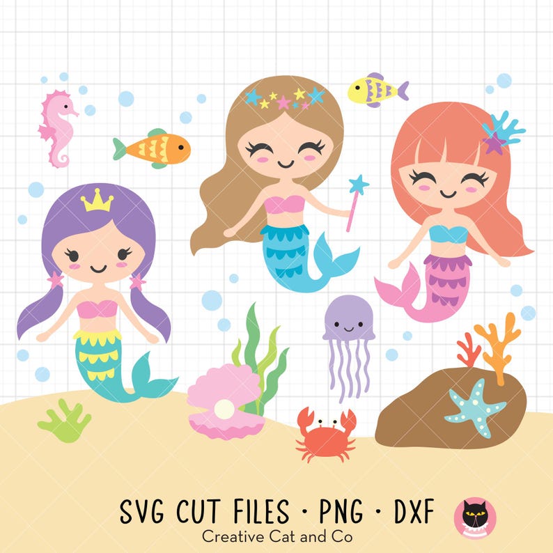 May include: Three cartoon mermaids with purple, pink, and brown hair, wearing seashell bras and mermaid tails. The mermaids are surrounded by sea life, including a starfish, a crab, a jellyfish, and a seashell.