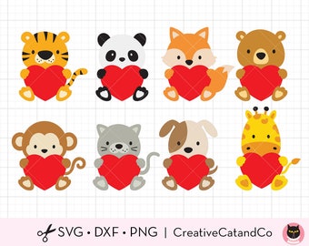 Valentine's Day Animals Svg, Animals Holding Hearts, Love, Svg, Png, Clipart, Baby Tiger Fox Bear Monkey Cat Dog Panda Giraffe, Cut Files