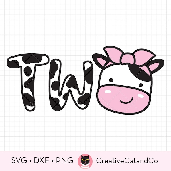 Cow Two Girl Svg, Png, 2nd Birthday Girl Svg, Cow Face with Bow, 2 Year Old Girl Birthday, Cowgirl Farm Birthday, Svg Cut File, Sublimation