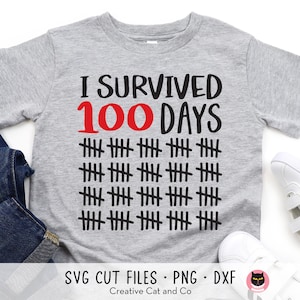 May include: Gray t-shirt with the text "I Survived 100 Days" in black and red. The number 100 is in red. There are 10 rows of 5 black hash marks below the text.