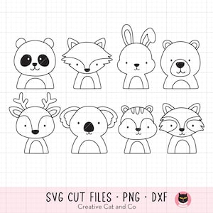 Woodland Animal Faces Coloring SVG PNG, Animal Faces Outline, Fox Rabbit Bear Deer Squirrel, Kid Coloring Clipart, Digital Stamp, Dxf, Png