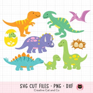 かわいい恐竜の SVG、PNG、DXF クリップアート バンドル - かわいい赤ちゃん T-Rex とラプターの漫画、子供向けの恐竜、保育園のイラスト、Cricut カット ファイル