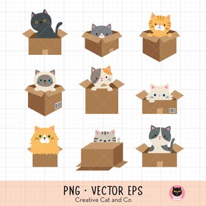 May include: Nine cartoon cats of various colors and patterns peek out from brown cardboard boxes. The cats include a gray cat, an orange tabby, a Siamese, and a calico. The image has a white background and text that reads "PNG • VECTOR EPS" and "Creative Cat and Co."