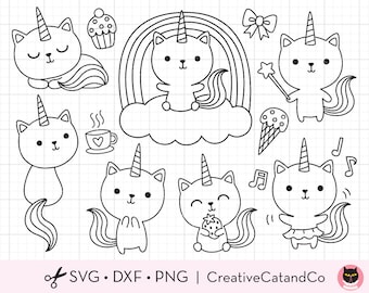 Kat Eenhoorn Kleuren SVG Clipart Caticorn Outline Line Art voor het kleuren van Kid Verjaardag Activiteit Digitale Stempel Svg Dxf Cut Files Png Clipart