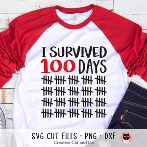 May include: A white and red baseball style t-shirt with the text "I Survived 100 Days" in black and red lettering.  The number 100 is in red.  There are 10 rows of 10 black hash marks below the text.