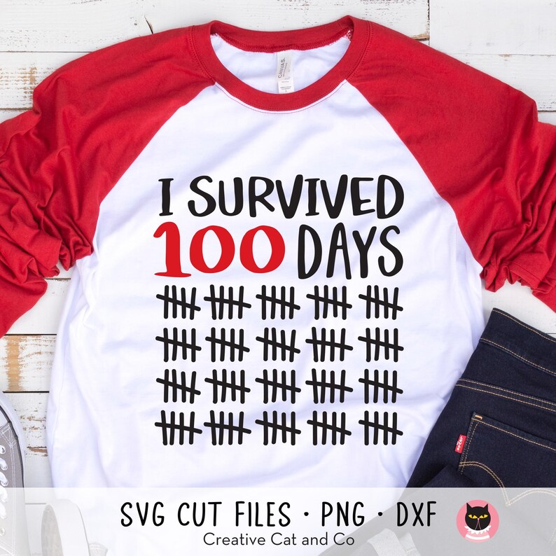 May include: A white and red baseball style t-shirt with the text "I Survived 100 Days" in black and red lettering.  The number 100 is in red.  There are 10 rows of 10 black hash marks below the text.