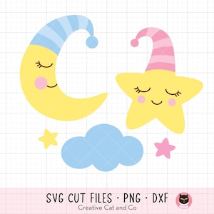 Sleeping Moon SVG PNG Clipart - Nursery Art, Baby Bedtime Illustration, Goodnight Sweet Dreams, Moon with Nightcap, Baby Shower Cut Files