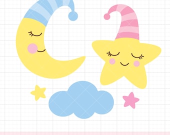 Sleeping Moon SVG PNG Clipart - Nursery Art, Baby Bedtime Illustration, Goodnight Sweet Dreams, Moon with Nightcap, Baby Shower Cut Files