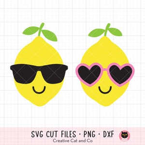 Citron SVG PNG - mignon citron avec des lunettes de soleil des cliparts, visages de dessin animé de citron garçon et fille, Illustration de limonade, fichier de coupe Cricut, DXF