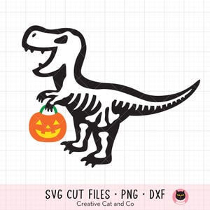 May include: A black and white skeleton dinosaur holding a small orange jack-o'-lantern. The dinosaur is holding the jack-o'-lantern in its right hand. The dinosaur is facing to the right. The dinosaur is on a white background.