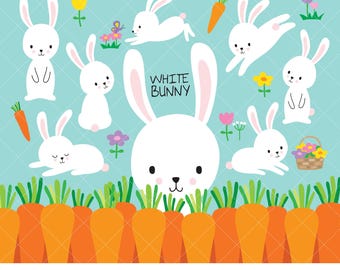 White Bunny Rabbit PNG Clip Art Bundle | Cute Easter Bunny in Jumping, Sleeping, Standing and Sitting Poses | Hand Drawn Illustration
