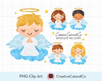 Boy Girl Angels Watercolor Clipart, Praying Little Angels Sublimation PNG Clip Art, Baptism, Blonde, Black, Brown Hair, On the Cloud