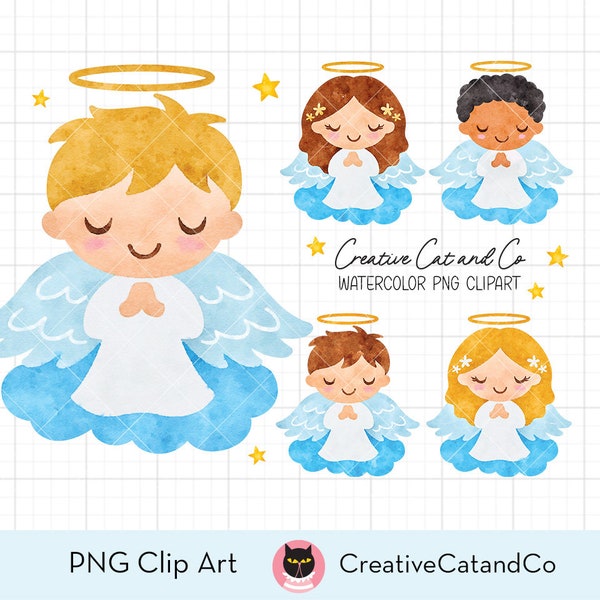 Boy Girl Angels Watercolor Clipart, Praying Little Angels Sublimation PNG Clip Art, Baptism, Blonde, Black, Brown Hair, On the Cloud