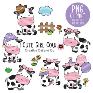Clipart PNG fille vache, illustration mignon bébé vache, anniversaire de fille de la ferme et baby shower, vache laitière avec ballon, invitation à une fête, cow-girl