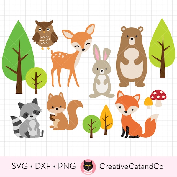 Woodland Animals SVG DXF Clipart, Forest Animals, Bear, Deer, Raccoon, Rabbit, Fox, svg dxf Cut Files for Cricut and Silhouette Clip Art