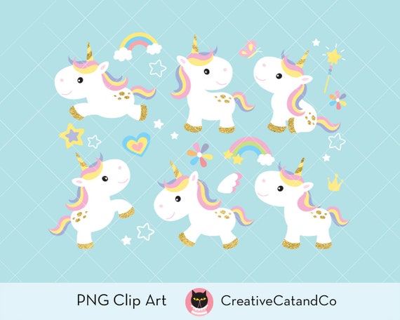 かわいいユニコーンのPNGクリップアートセット | パステルカラーの角と