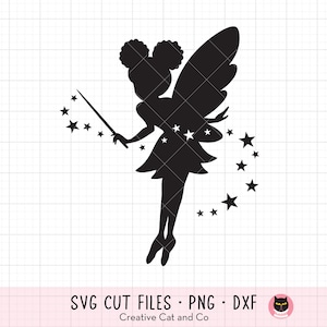 Afro Fee SVG & PNG - Kleine schwarze Mädchen Engel mit Afro Haar, Zauberstab Silhouette Clipart, Geburtstagswunsch Cricut Cut Datei, DXF