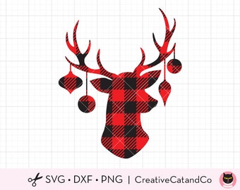 Buffalo Plaid Reindeer SVG DXF Reindeer Head Silhouette with Christmas Holiday Ornaments Hanging from Antlers svg dxf Cut Files Clipart