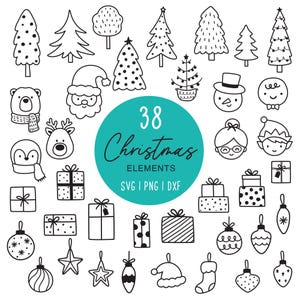 Pode incluir: Uma coleção de 38 elementos de Natal desenhados à mão em preto e branco. Inclui árvores, Papai Noel, boneco de neve, presentes, ornamentos e outros designs festivos. O texto no centro diz "38 Christmas elements" com opções de arquivo SVG, PNG e DXF.