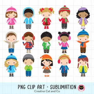 Winter Kinder PNG Clipart, Kinder im Winter-Outfit, niedliche kleine Kinder Cartoon, Grundschulkinder Urlaub Illustration Clip Art