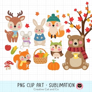 Chubby Fall Woodland Animals PNG Clipart | Cute Bear, Deer, Fox, Squirrel, Rabbit, Mouse and Owl with Pumpkins and Leaves | Autumn Crafts image 1