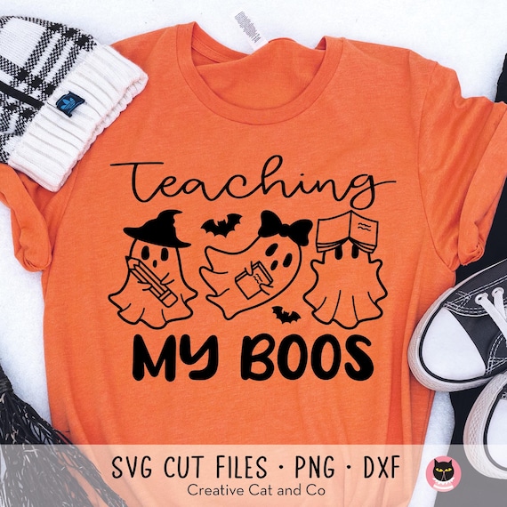 Teaching My Boos Svg Png, Teacher Halloween Shirt Design, Cute Ghost with Books and Pencil, Funny Halloween Shirt Svg Cut Files Png Clipart