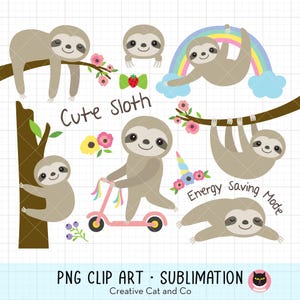 Cute Sloth PNG Clipart Set, Sloth Illustration, Sleeping Sloth, Sloth on Tree, Adorable Cartoon Design, Digital Download