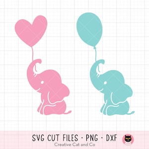 Baby Elefant Silhouette SVG DXF Elefant hält Ballon svg dxf Niedlicher Baby Elefant svg Elefant mit Herz-Ballon svg dxf Schnitt Datei PNG