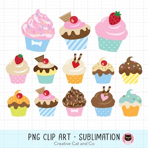 Cute Cupcake PNG Clipart Bundle, Kawaii Dessert Illustration, Sweet Bakery Cartoon Art, Birthday Cake Digital Download, Logo