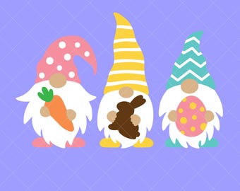 Cute Easter Gnomes SVG PNG, Three Gnomes with Easter Eggs and Chocolate Bunny Clipart, Cricut Cut File, T-Shirt Design,  Illustration
