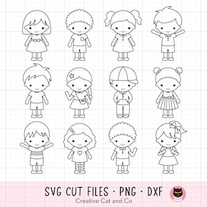 Outline Kid SVG DXF Kid Children Character Coloring Doodle Boy and Girl Cartoon Character Coloring Clipart Svg Dxf Cut Files