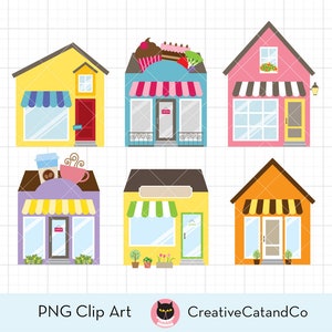 Lindo edificio de tienda PNG Clipart, conjunto de ilustraciones de iconos de logotipos de escaparates, edificio colorido, cafetería, panadería, estilo de dibujos animados