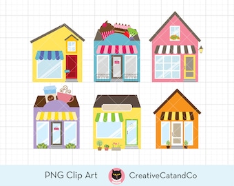 Cute Store Building PNG Clipart, Storefront Logo Icon Illustration Set, Colorful Building, Coffee Shop, Café, Bakery, Cartoon Style