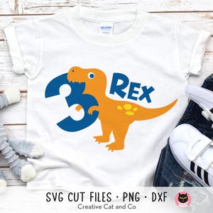 Tre Rex SVG PNG, 3 Rex Svg, 3-årsdag Svg, T Rex dinosaurie tre år gammal pojke födelsedag T-shirt DXF Cut-filer för Cricut bild 2