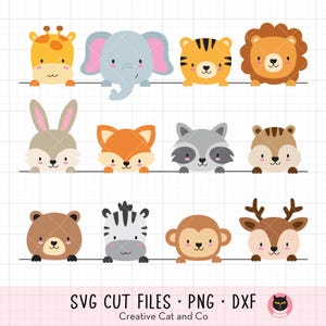Peut inclure: Douze illustrations d'animaux de dessins animés, dont une girafe, un éléphant, un tigre, un lion, un lapin, un renard, un raton laveur, un tamia, un ours, un zèbre, un singe et un cerf. Chaque animal est représenté dans un style amical, regardant par-dessus une ligne. Le texte "SVG CUT FILES • PNG • DXF" est inclus.