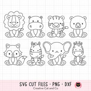 Outline Animal Coloring SVG PNG Lion Hippo Tiger Bear Fox Giraffe Elephant Zebra Line Art Kid Coloring Clipart Digital Stamp Svg Dxf Png