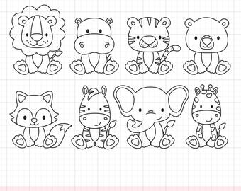 May include: A set of ten black and white line drawings of various animals, including a lion, hippopotamus, tiger, bear, fox, zebra, elephant, and giraffe. The animals are all sitting down and have a cartoon-like style.