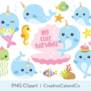 Paquete de imágenes prediseñadas de narval, lindo bebé narval con ilustración de cuerno de unicornio, dibujo animado kawaii, ballena bebé, dibujo animado de niño criatura marina