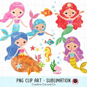 Watercolor Mermaid PNG Clipart, Mermaid Princess, Cute Girl Mermaid PNG Sublimation, Underwater, Under The Sea, Fish, Seahorse, Starfish