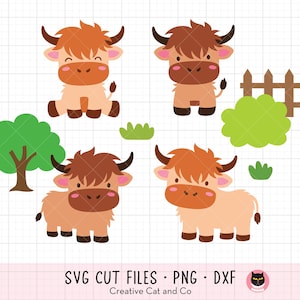 Peut inclure: Illustration numérique de quatre vaches des Highlands de dessin animé dans différentes poses. Les vaches ont des corps brun clair, des cornes brun foncé et une fourrure hirsute brun rougeâtre. Des arbres verts, des buissons et une clôture sont également inclus. Le texte "SVG CUT FILES • PNG • DXF".