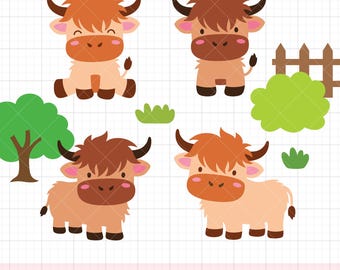 Highland Cows SVG PNG DXF Clipart | Cute Baby Cow Designs with Tree, Bush and Fence | Layered Farm Animal Cut Files for Crafts and Decor