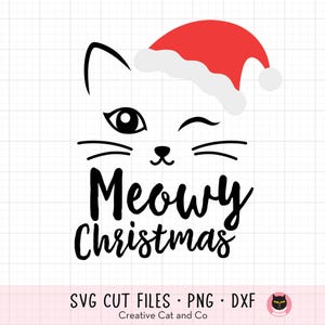Meowy Noël SVG DXF mignon visage de chat avec bonnet de Noel drôle de Noël svg dxf fichier coupé pour Cricut et des cliparts Silhouette
